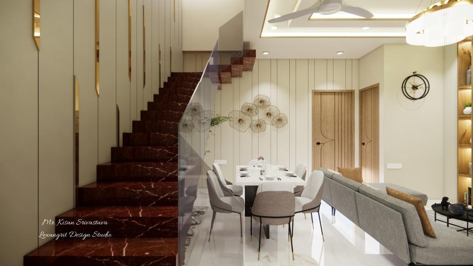 Dining area showing staircase wall panelling design