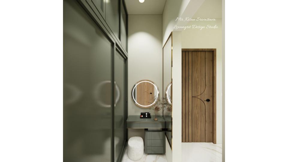 Dressing table front view some storage unit & round shape mirror design