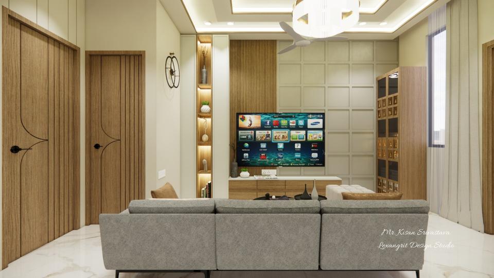 Living room tv unit front view with some storages & decorative wall design