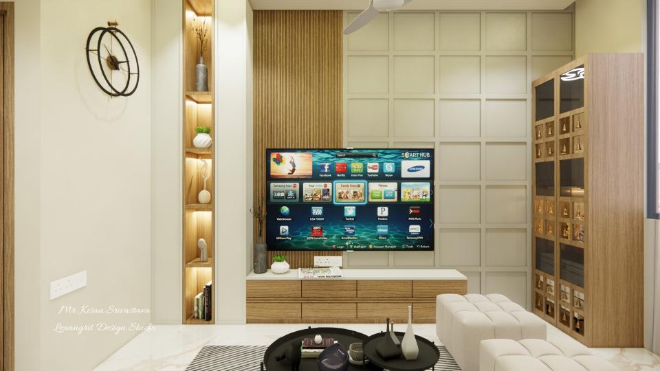 Living tv unit view ,open shelf storage & back wall louvers panelling design