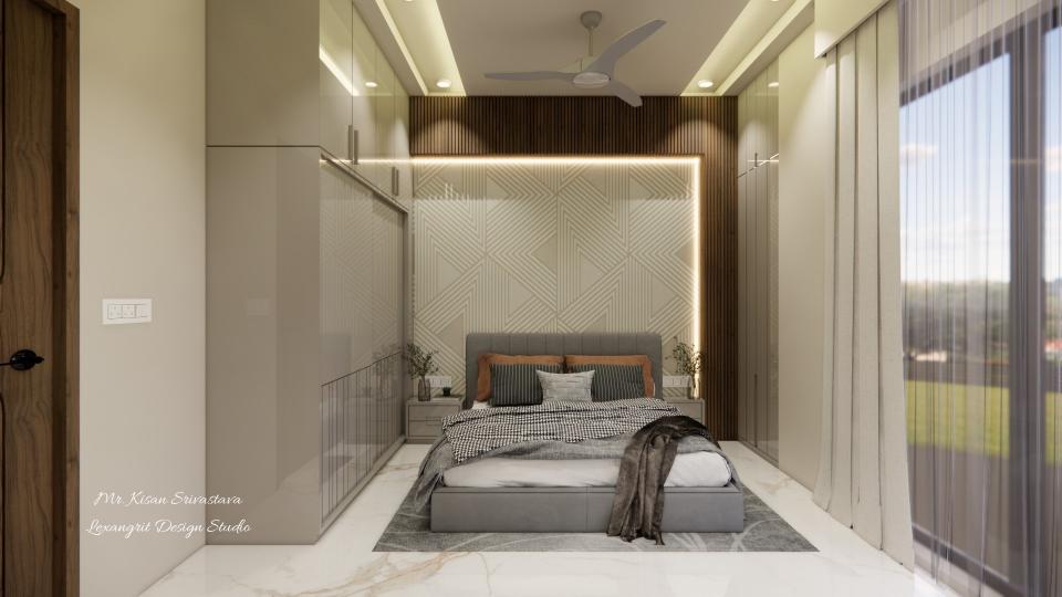 Master bedroom luxurious bed front view with both side table