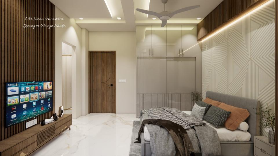 Master bedroom showing luxury bed with side table,sleek tv unit, sliding wardrobe