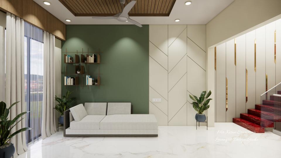 Seating area & decorative open shelf