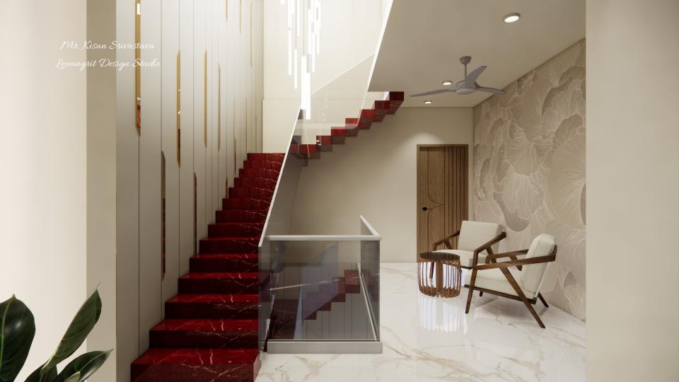 Stair case one side decorative wall & others side  glass raling