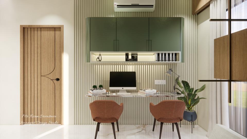 Study area showing two decorative chair and some book storage with white louvers panelling design