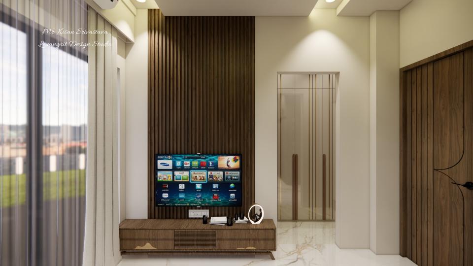 A modern living room featuring a WPC TV unit design with wooden WPC louvers on the TV unit back wall, paired with a WPC TV unit drawer cabinet with legs. This modern TV unit louvers design adds warmth, texture, and a contemporary aesthetic to the living room interior.