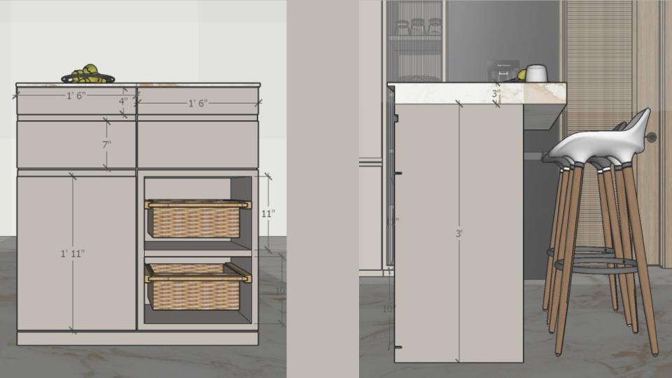 Breakfast counter storage cabinets  2d dimensions