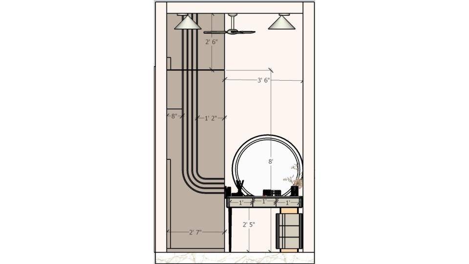 Closet dressing unit with round shape mirror and storage 2d dimensions