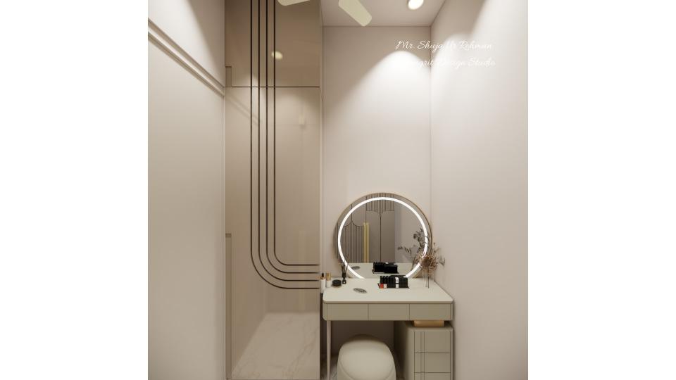 Closet dressing unit with round shape mirror and storage