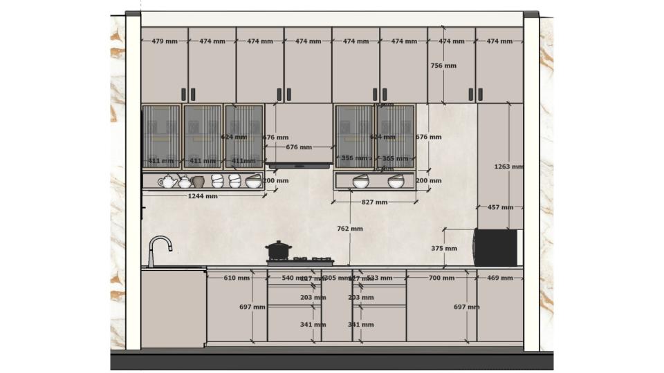 Kitchen front view all Cabinet 2d dimension