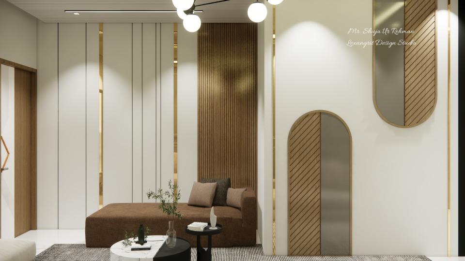 Living room entrance seating area and decorative wall