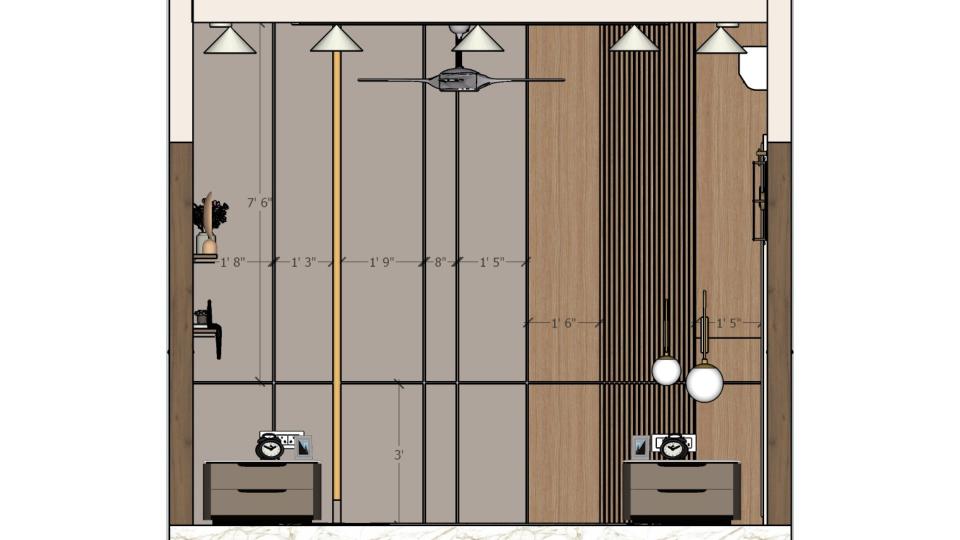 Master bedroom showcasing luxurious bed,side table and large mirror 2d dimensions