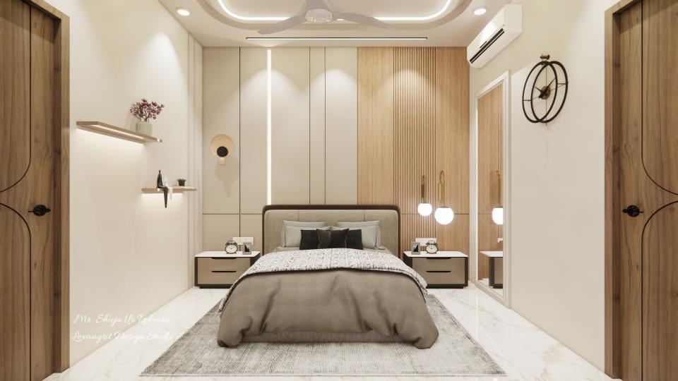 Master bedroom showcasing luxurious bed,side table and large mirror