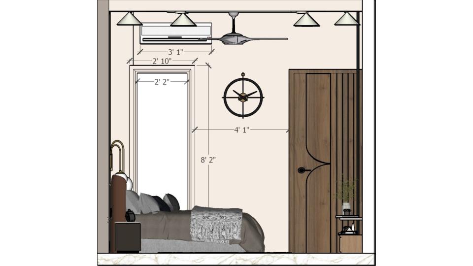 Master bedroom showcasing luxurious bed,side table & sleek tv unit 2d dimensions