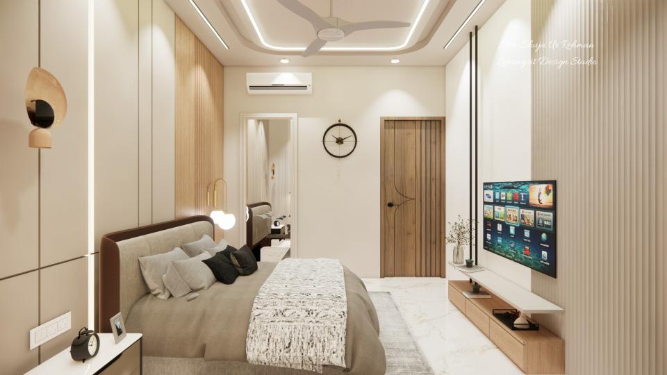 Master bedroom showcasing luxurious bed,side table & sleek tv unit