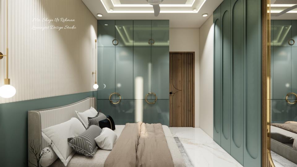 Parents Bedroom after in room then showing wardrobe, luxurious bed with head board,wall panelling,large mirror