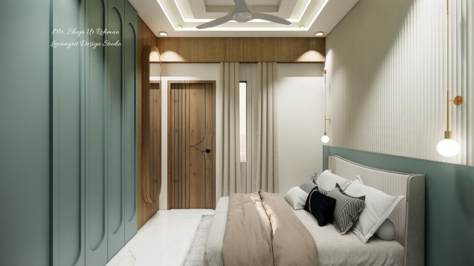 Parents Bedroom luxurious bed with head board front of balcony entrance door