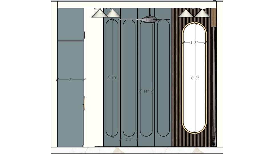 Parents Bedroom Pu Paneling and WPC louvers and large mirror front of the luxurious bed 2d dimensions