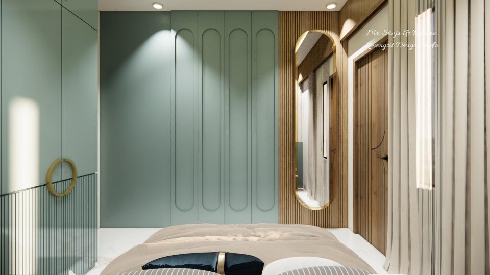 Parents Bedroom Pu Paneling and WPC louvers and large mirror front of the luxurious bed