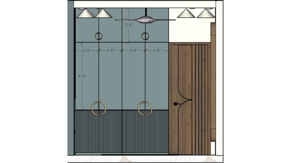 Wardrobe 2D design showing a top-view wardrobe layout with dimensions and spatial placement in a master bedroom.