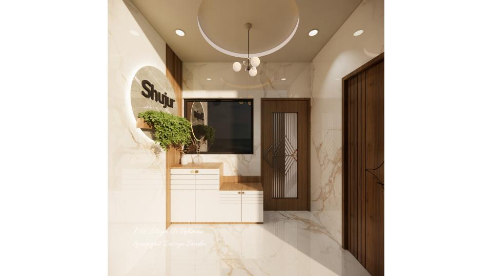 Passage front view and some storage and shoes cabinet with name plate