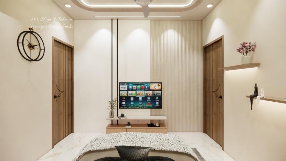 Sleek tv unit and WPC louvers back wall front of luxurious bed