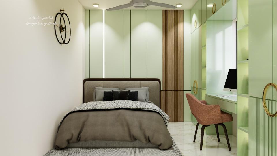 Bedroom 2 luxurious bed and back wall panelling some louvers with study unit area