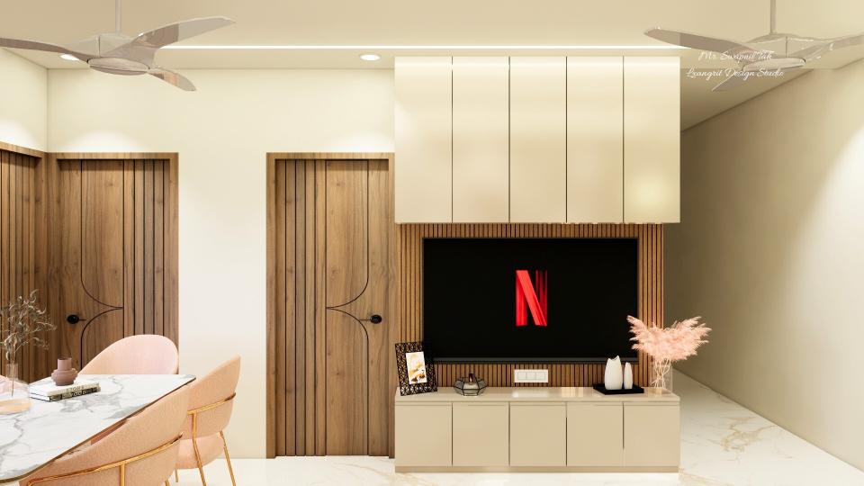 Living Room showing decorative tv unit with back wall louvers panelling & some storage unit
