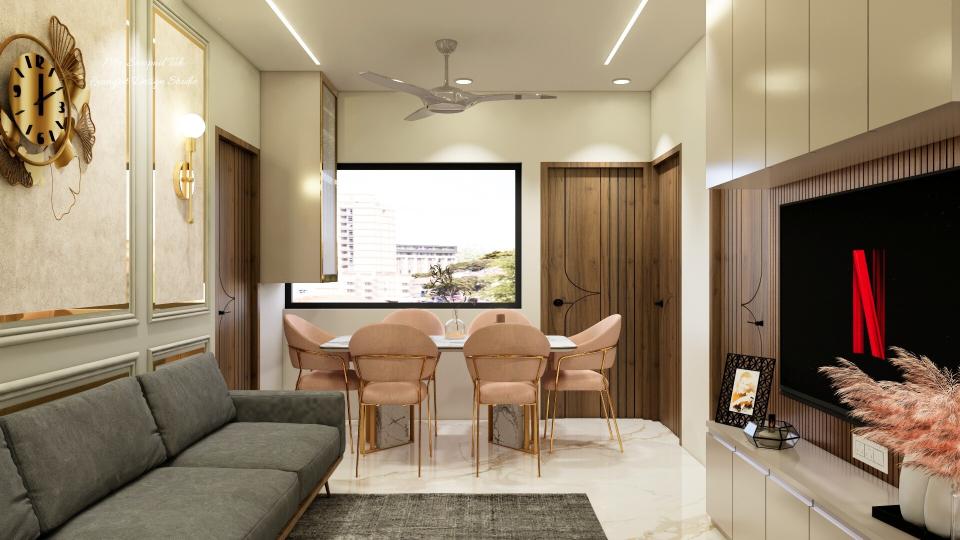 Living room to dining room area showing and right side tv unit