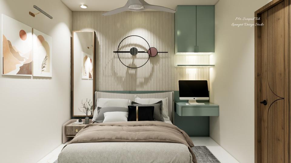 Luxury bedroom interior featuring white louvers wall panelling on the bed back wall, showcasing a modern white louver design with clean vertical detailing, integrated storage, and a refined false ceiling layout