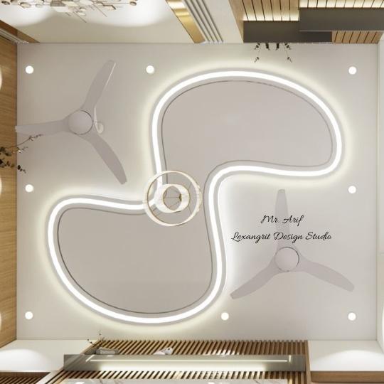 False ceiling two layer design with two ceiling fan & chandelier ceiling light