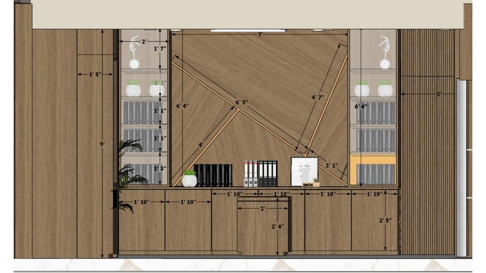 Reception area front table and decorative  and designing wall showing  2d dimensions