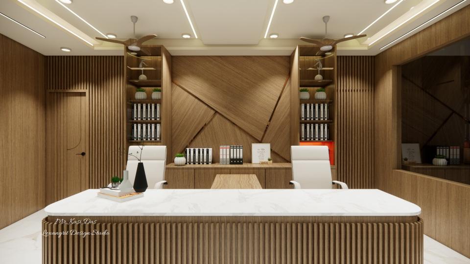 Reception area front table and decorative  and designing wall showing