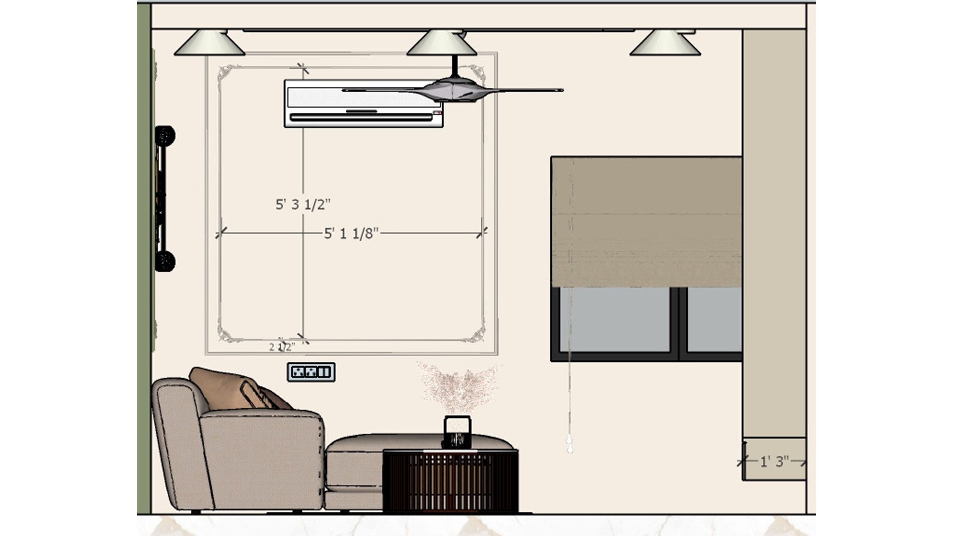 Measured living room elevation with cream paneled wall, window, ceiling fan, pendant lights, side chair, and dark ribbed coffee table.