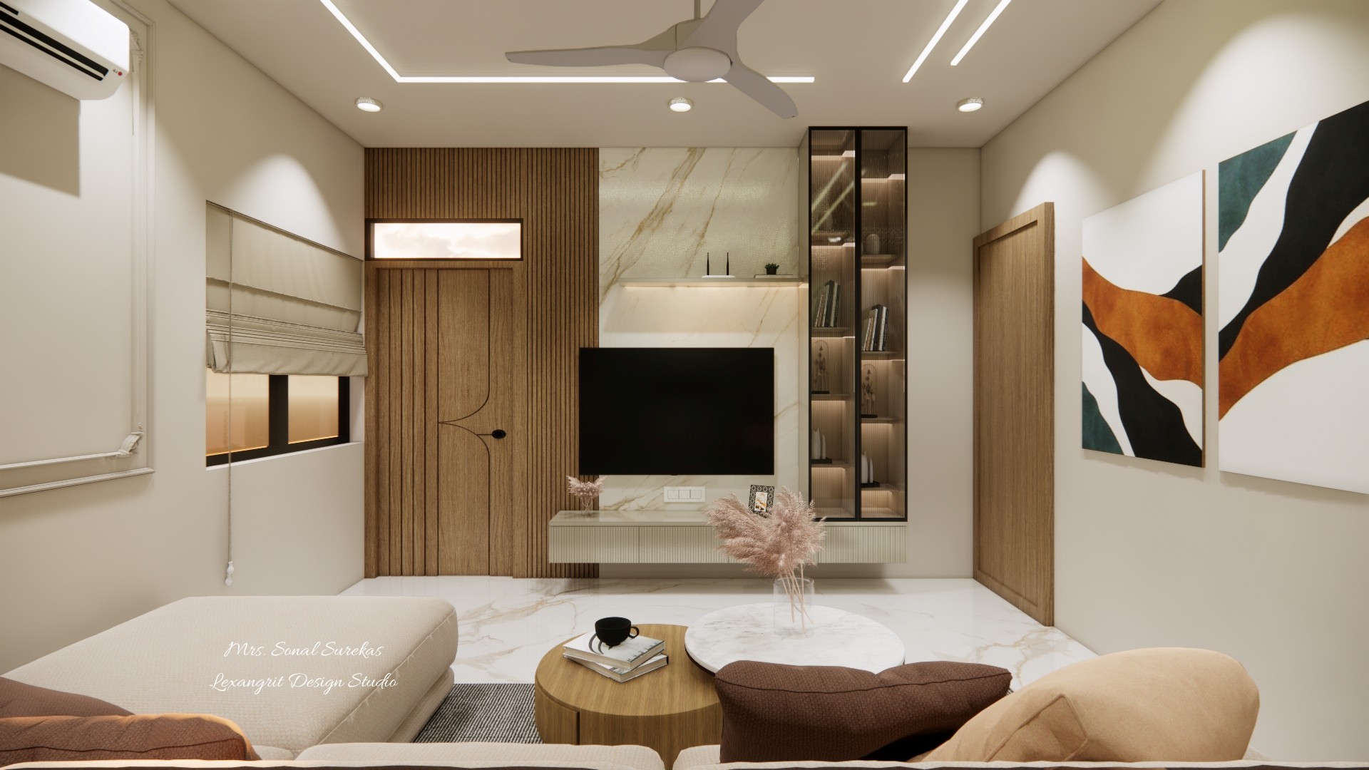 Living room media wall with vertical wood slats, television, glass display cabinets, cream storage, ceiling fan, and abstract artwork.