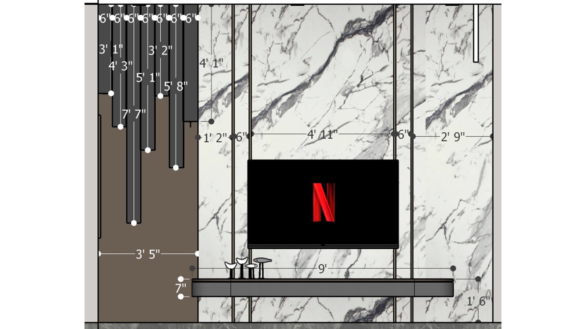 Measured TV wall elevation with large marble-look panels, dark vertical slats, floating console, and wall-mounted screen.