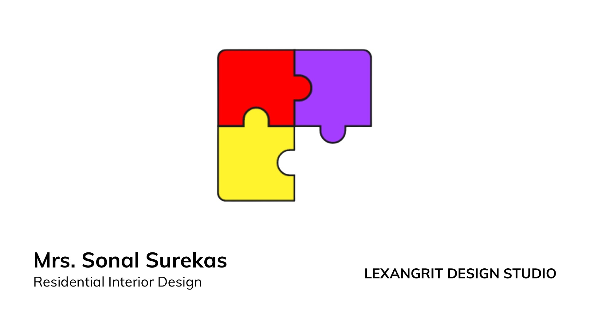 Residential interior design project cover with colorful puzzle icon, client name, and studio branding on a white background.