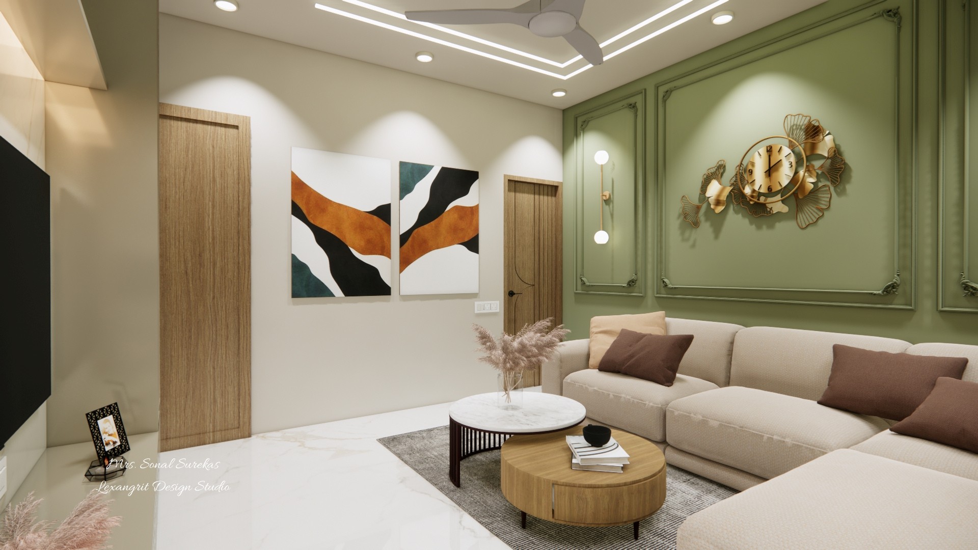 Sage green paneled living room with a cream sectional, abstract wall art, nested coffee tables, and pale stone flooring.