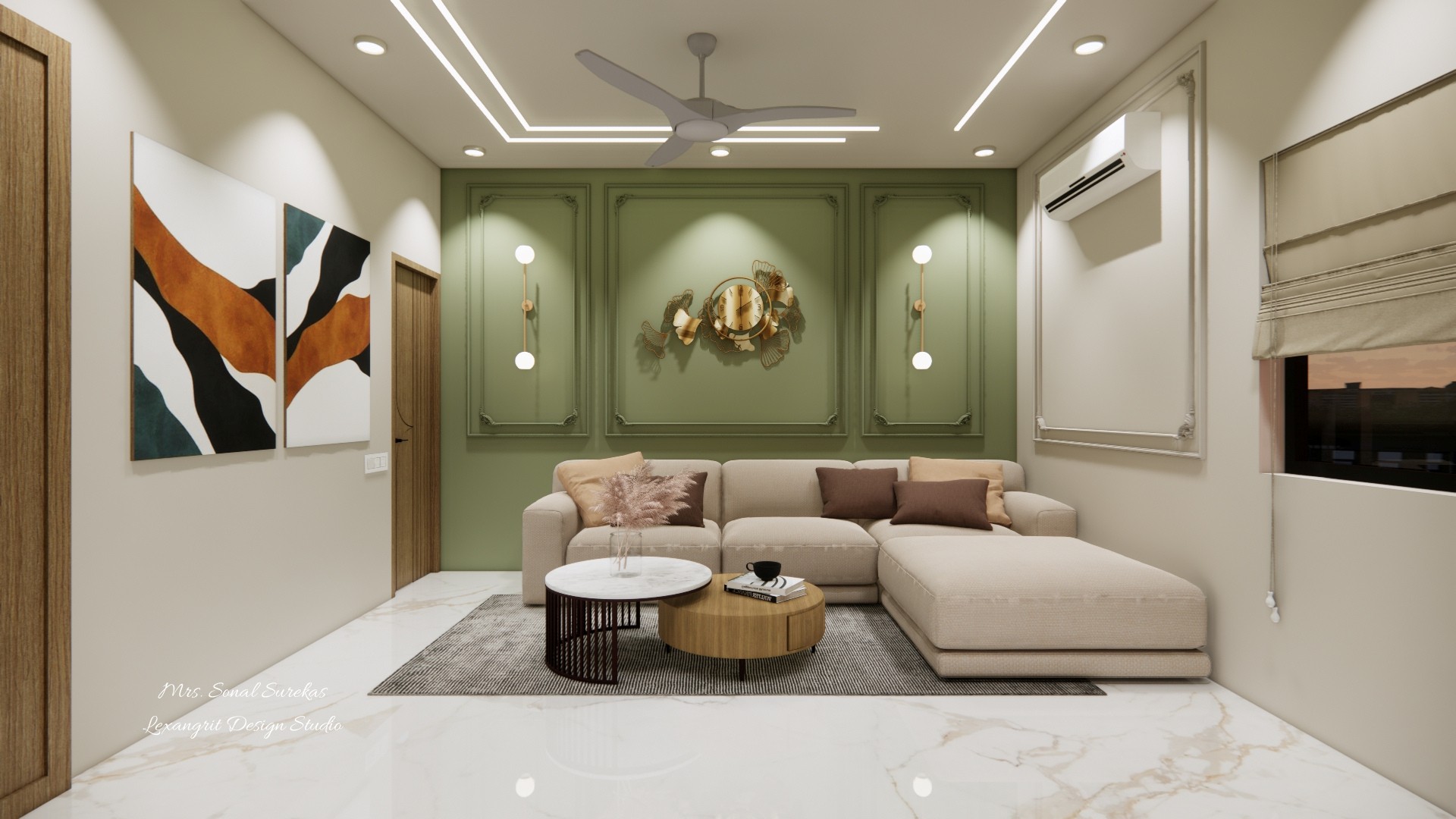 Cream sectional against a sage paneled wall with abstract art, nested tables, cove lighting, and glossy stone floor.