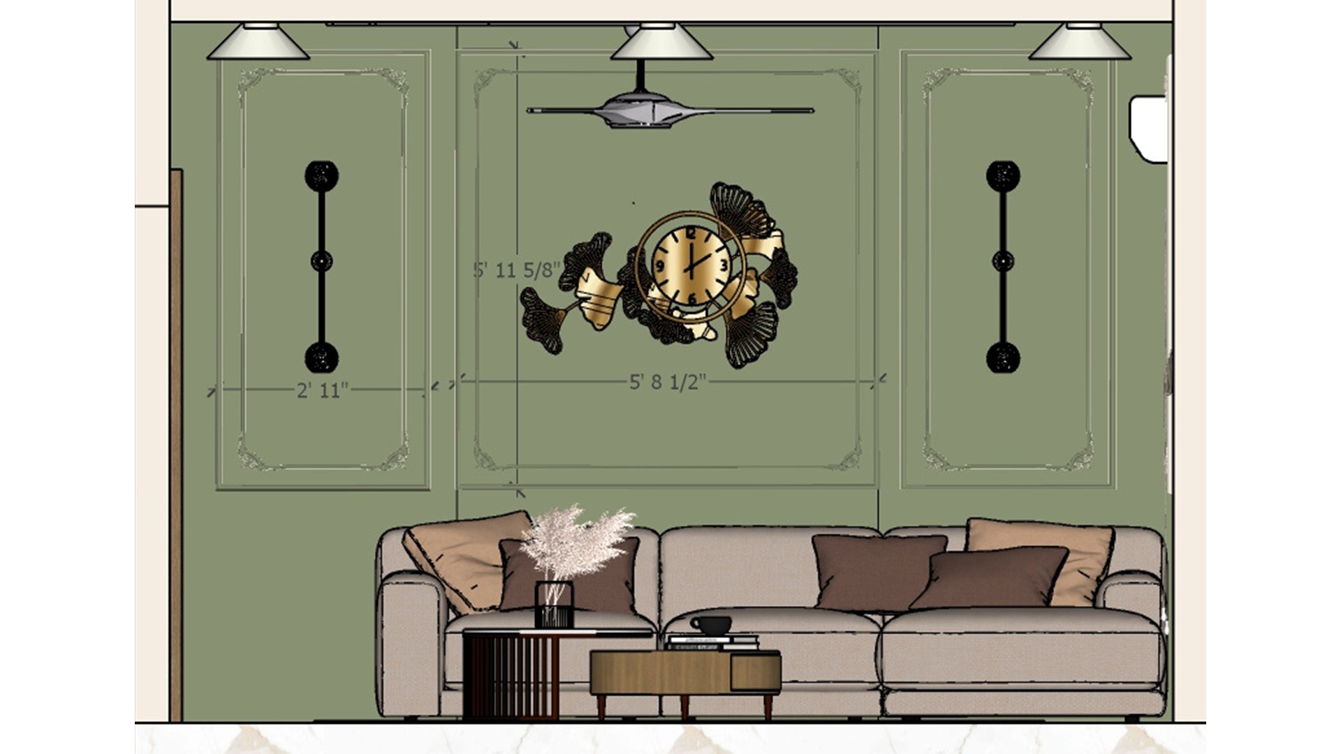 Sage green living room elevation with paneled wall, centered sculptural clock, cream sectional, pendant lights, and layered coffee tables.