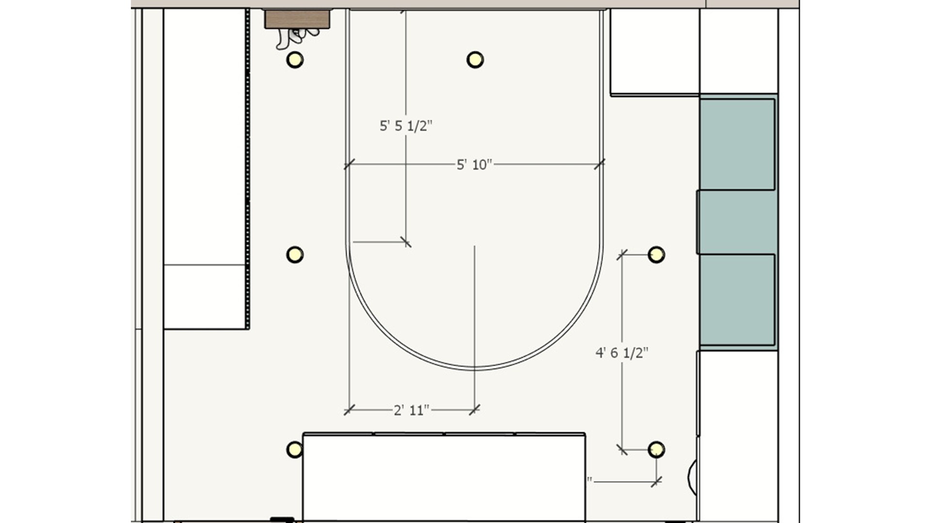 Ceiling plan with a curved central light, fan position and evenly spaced recessed lights