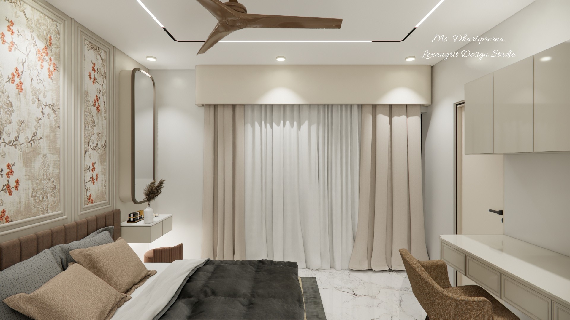 Bedroom view with dark bedding, floral wall panels, full height curtains and a pale dressing desk