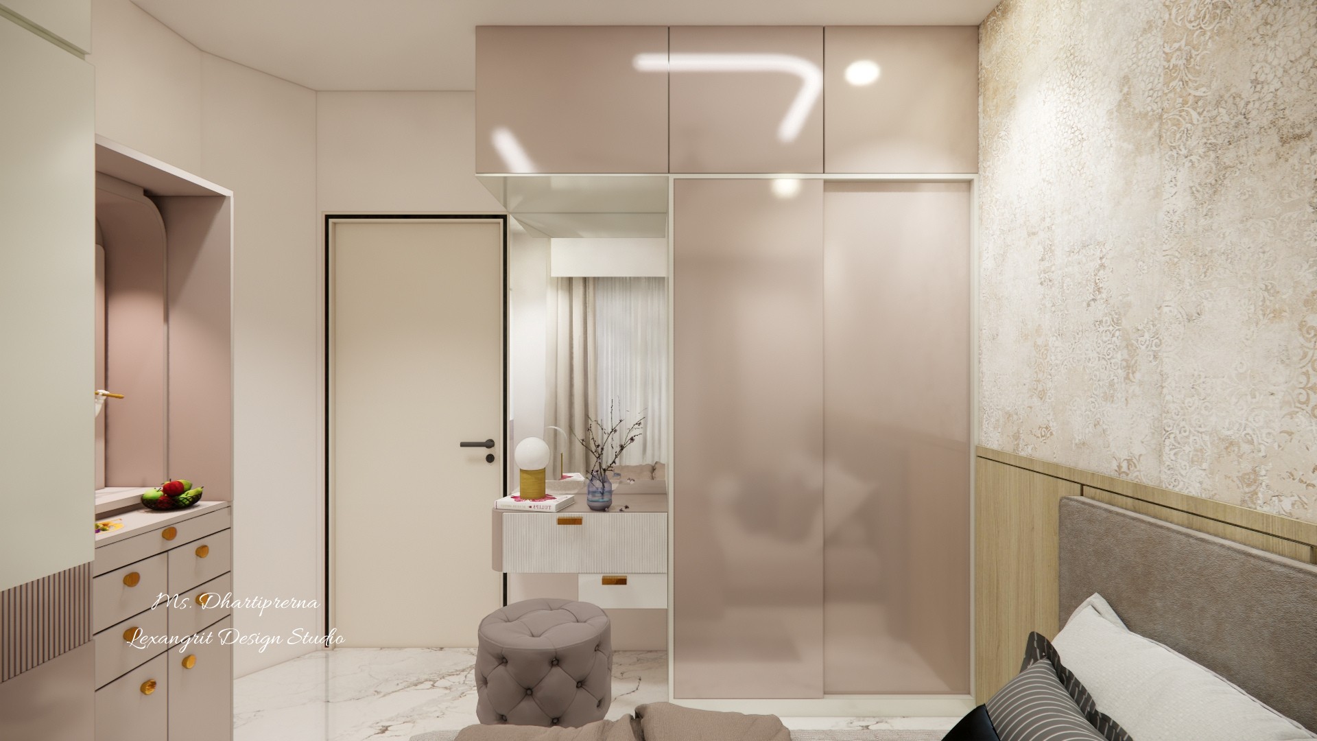 Bedroom view of glossy wardrobe doors, a dressing niche, upholstered stool and textured bed wall
