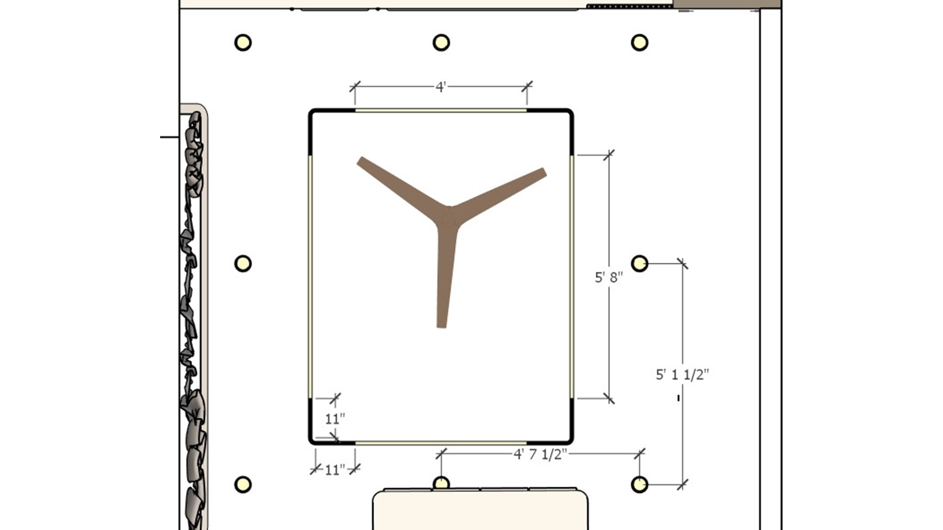 Ceiling plan with a centered fan, rectangular light frame and evenly spaced downlights