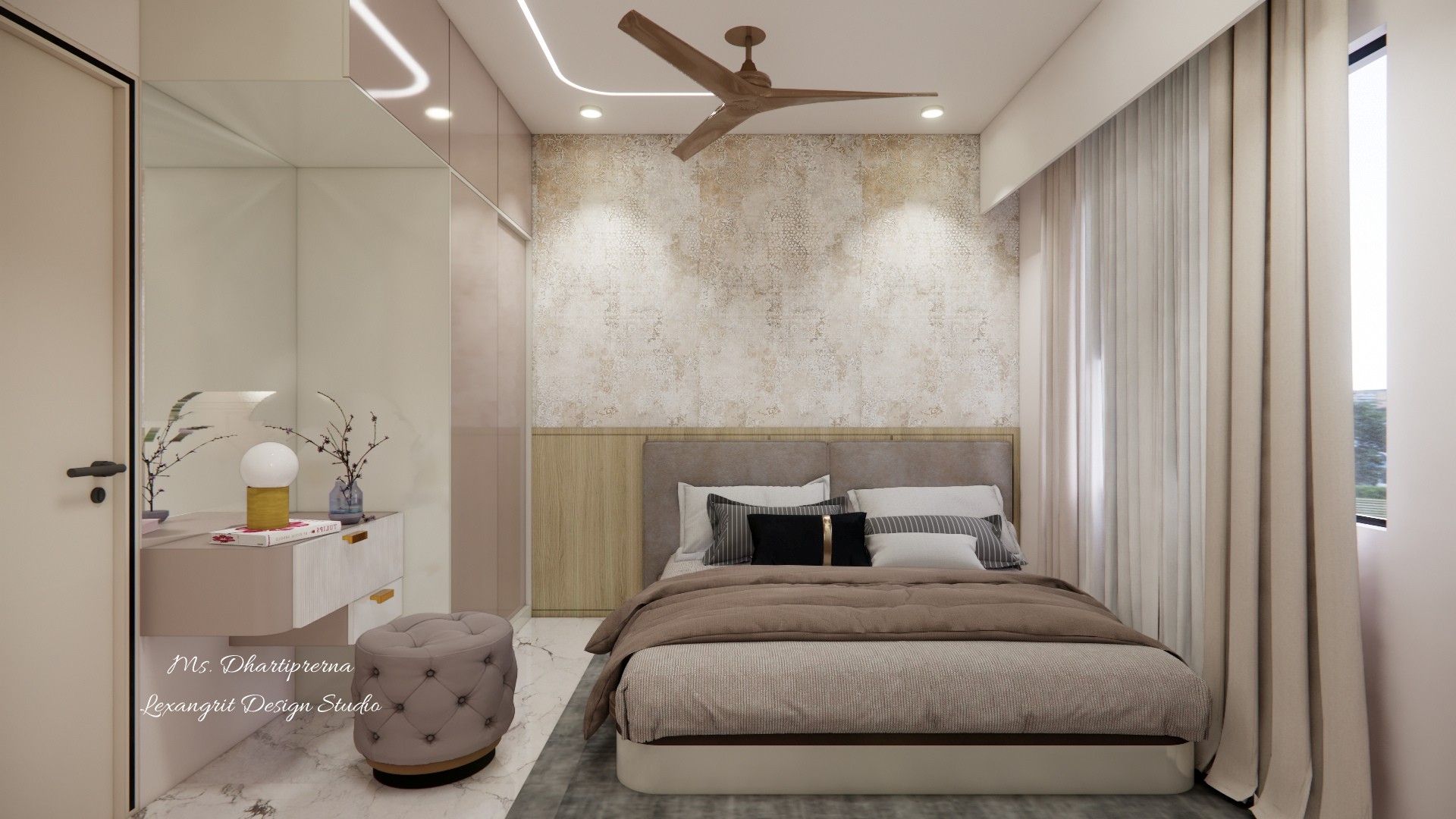 Bedroom view with glossy wardrobes, a marble-look floor, taupe bedding and softly layered curtains