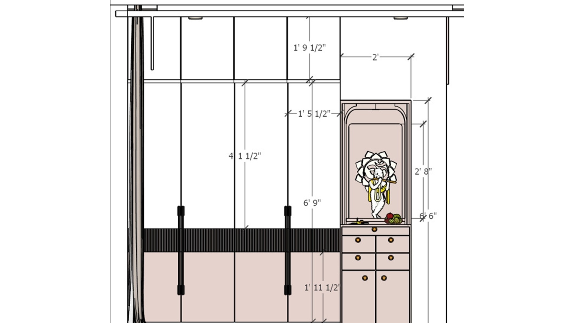 Wardrobe elevation with blush lower panels, tall cabinet doors and a centered dressing niche