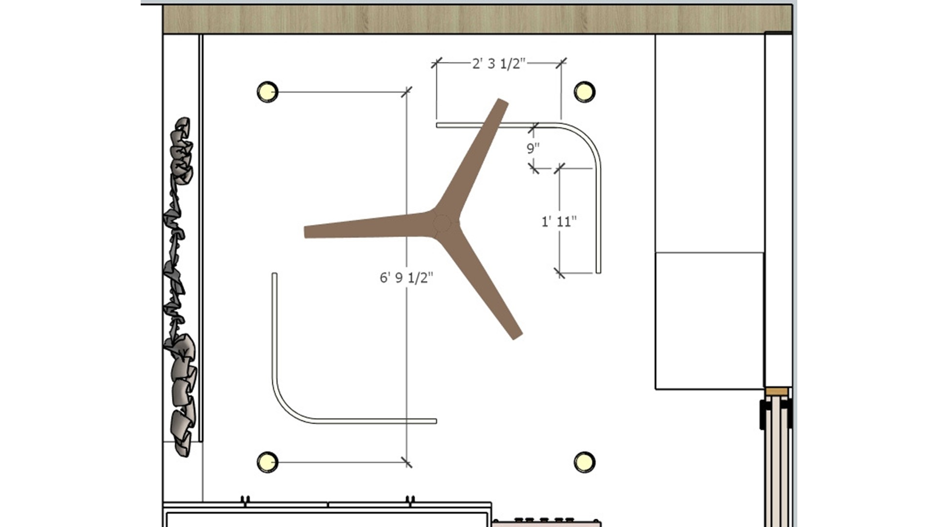 Ceiling plan showing a central fan, curved light strips and evenly spaced recessed fixtures