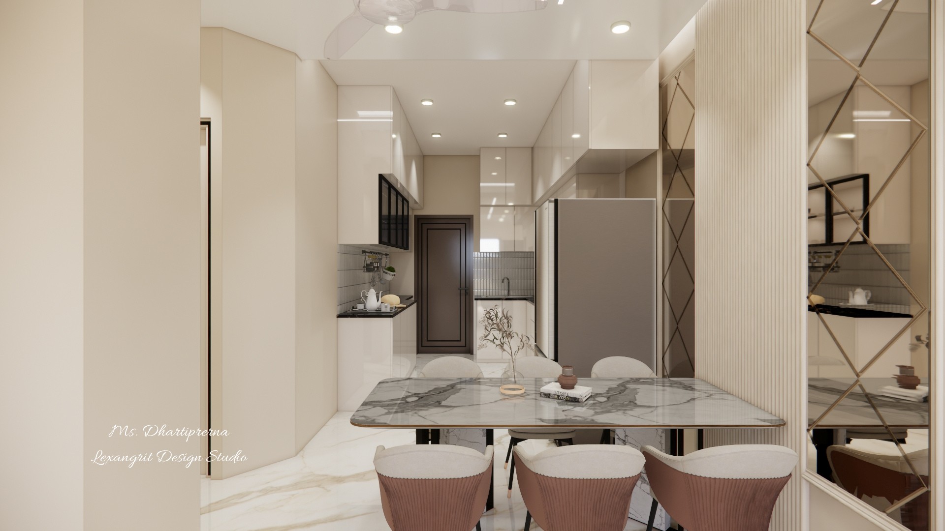 Open plan view from a marble dining table with upholstered chairs looking directly into a modular kitchen with glossy cabinets, a grey refrigerator, and diamond mirror wall panels