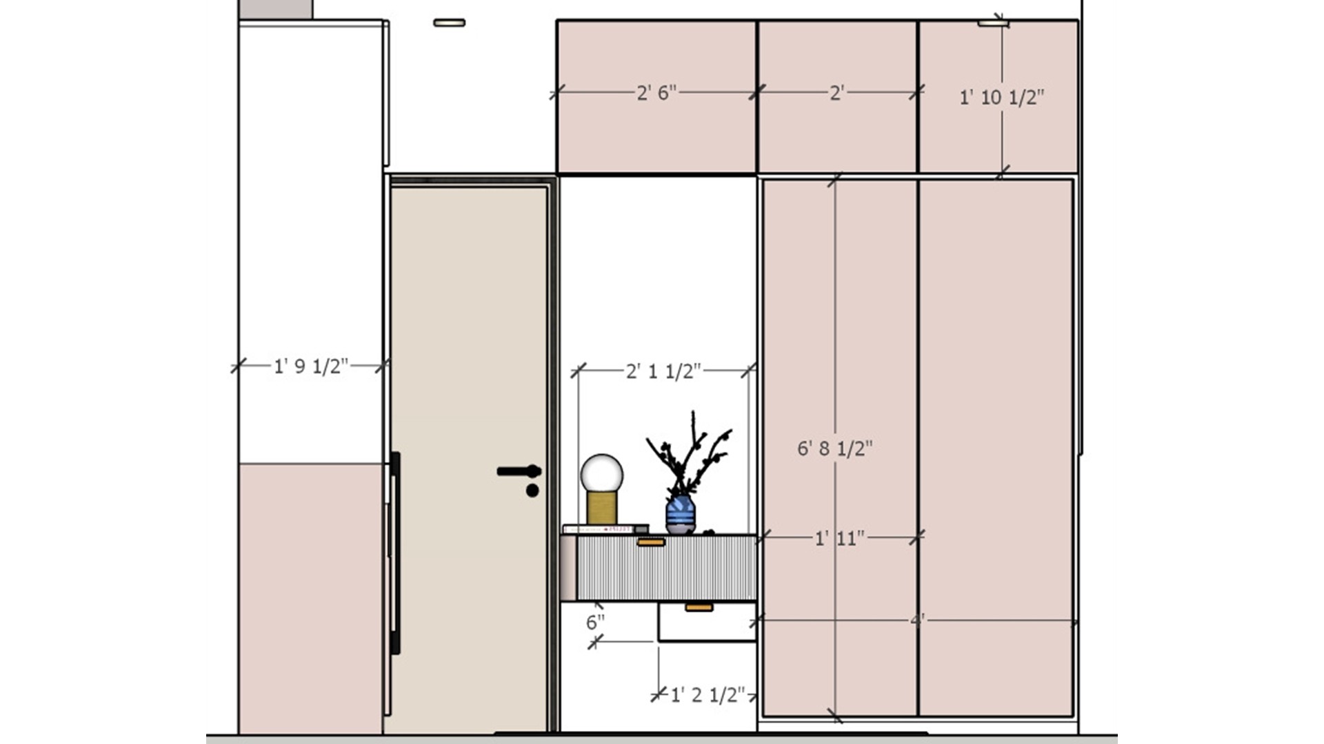 Wardrobe elevation with pale pink cabinet fronts, open dressing shelf and a narrow side panel