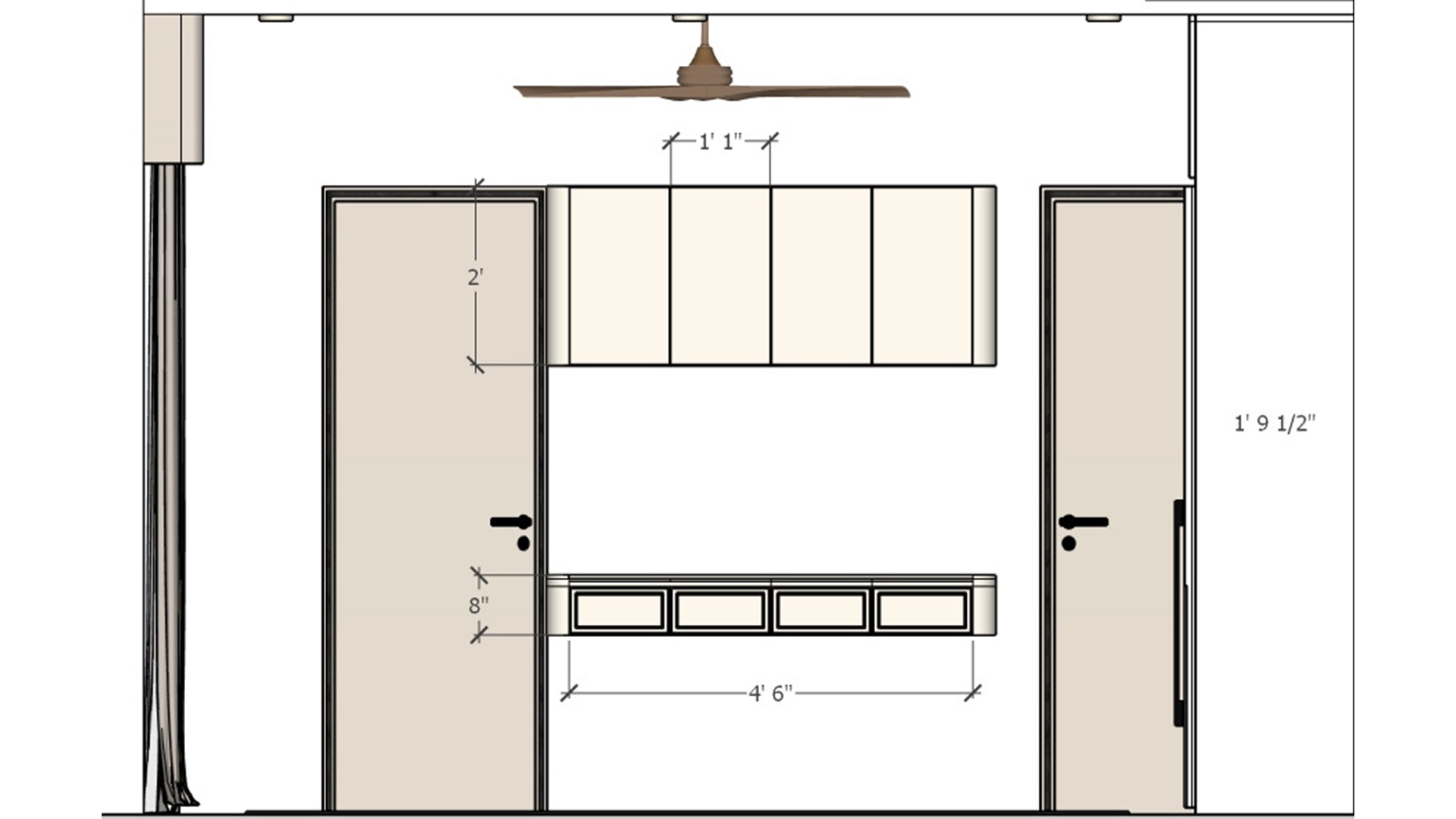 Bedroom elevation with upper cabinets, a floating desk and low drawers between two door openings